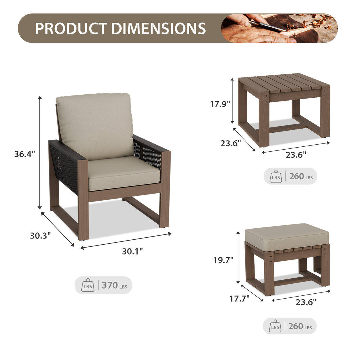 Natural Cedar 5 Pieces Furniture Set, Chairs with Ottomans and Table