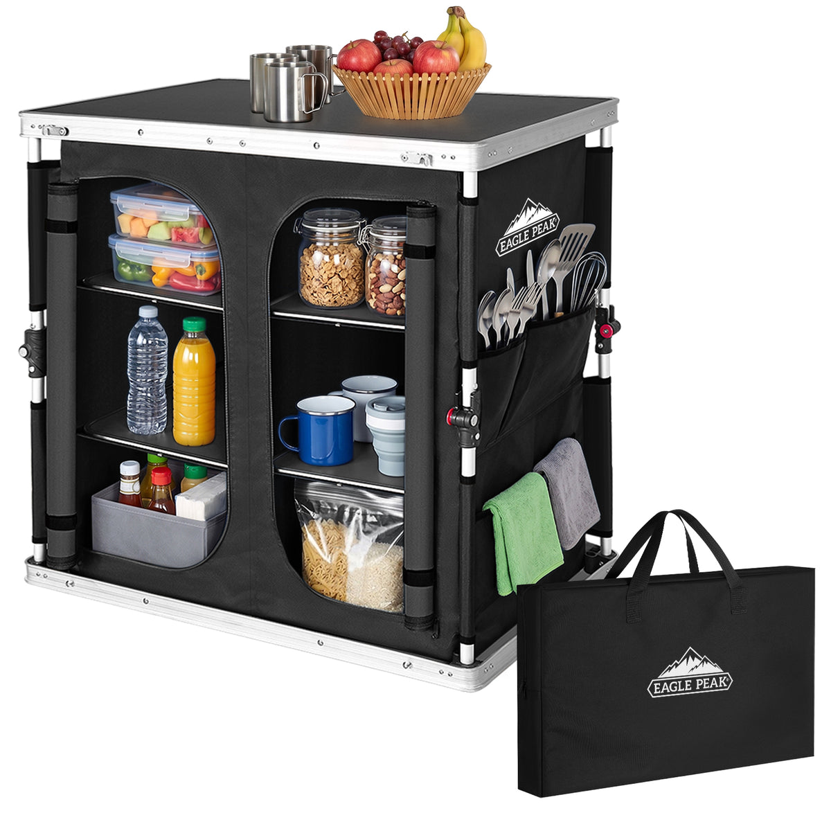 Double Camping Folding Table with Storage Organizer and Side Pockets