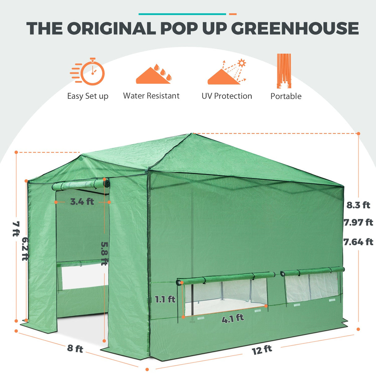 12x8 Portable Large Walk - in Pop Up Greenhouse - Eagle Peak