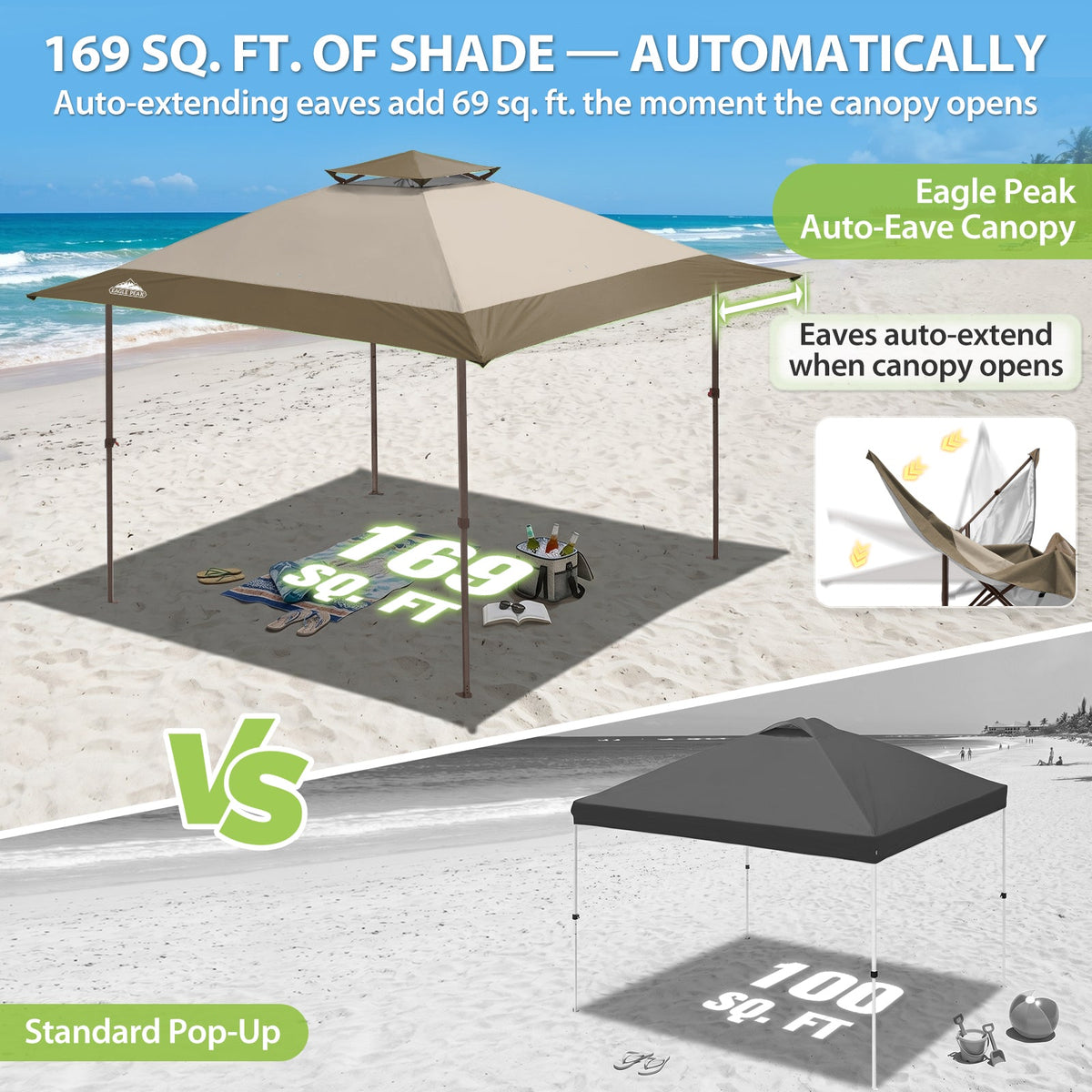 13x13 Pop Up Canopy Tent, Auto Extended Eaves - Eagle Peak®