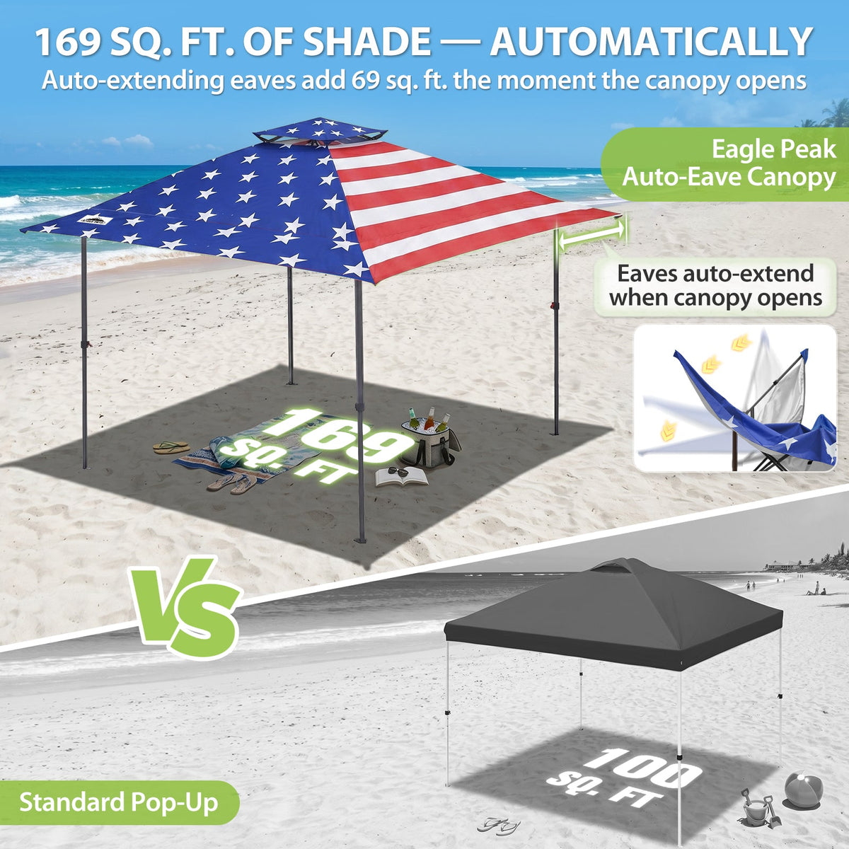13x13 Pop Up Canopy Tent, Auto Extended Eaves - Eagle Peak®