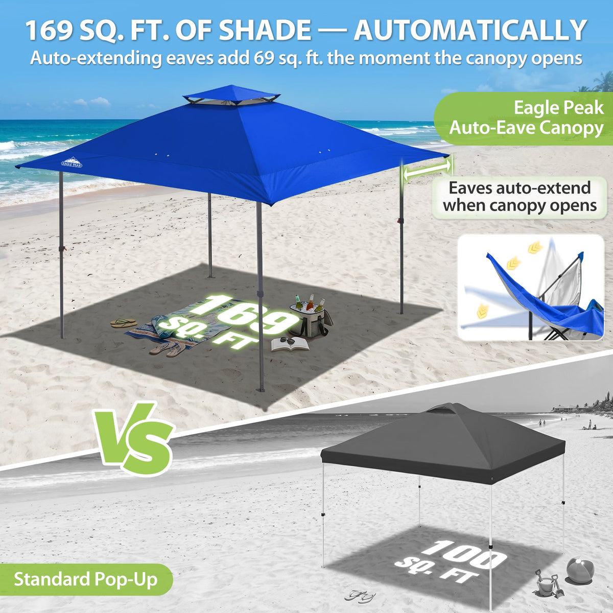 13x13 Pop Up Canopy Tent, Auto Extended Eaves - Eagle Peak®