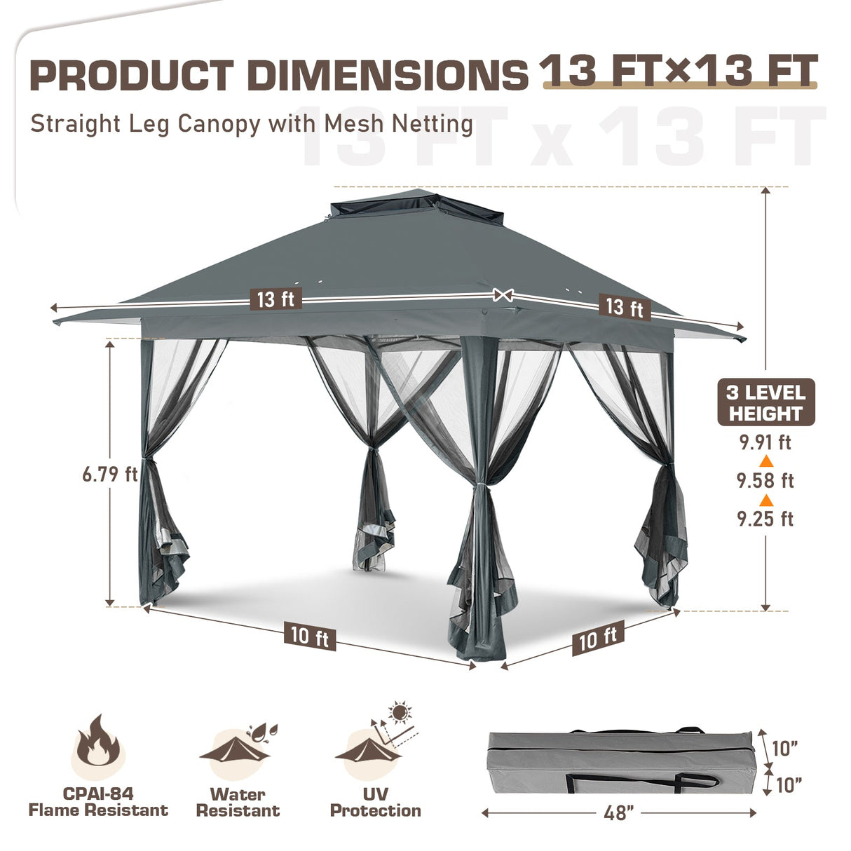 13x13 Pop Up Gazebo with Netting w/ 169 sqft of Shade - Eagle Peak®