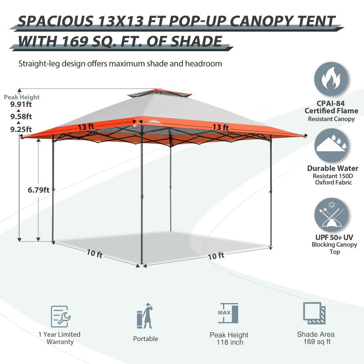 13x13 Straight Leg Pop Up Canopy Tent with 169 sqft of Shade - Eagle Peak Custom Canopy Tent