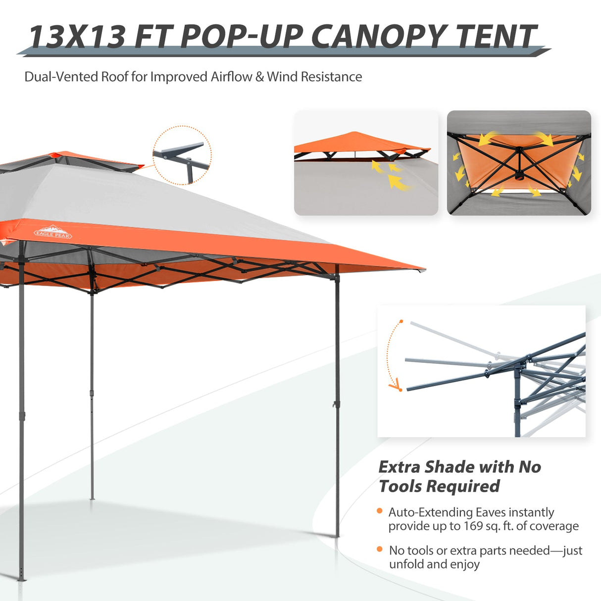13x13 Straight Leg Pop Up Canopy Tent with 169 sqft of Shade - Eagle Peak Custom Canopy Tent