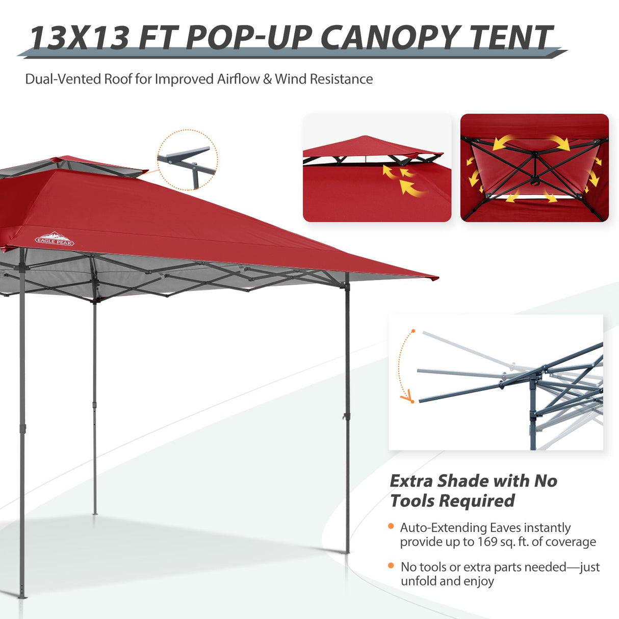 13x13 Straight Leg Pop Up Canopy Tent with 169 sqft of Shade - Eagle Peak Custom Canopy Tent