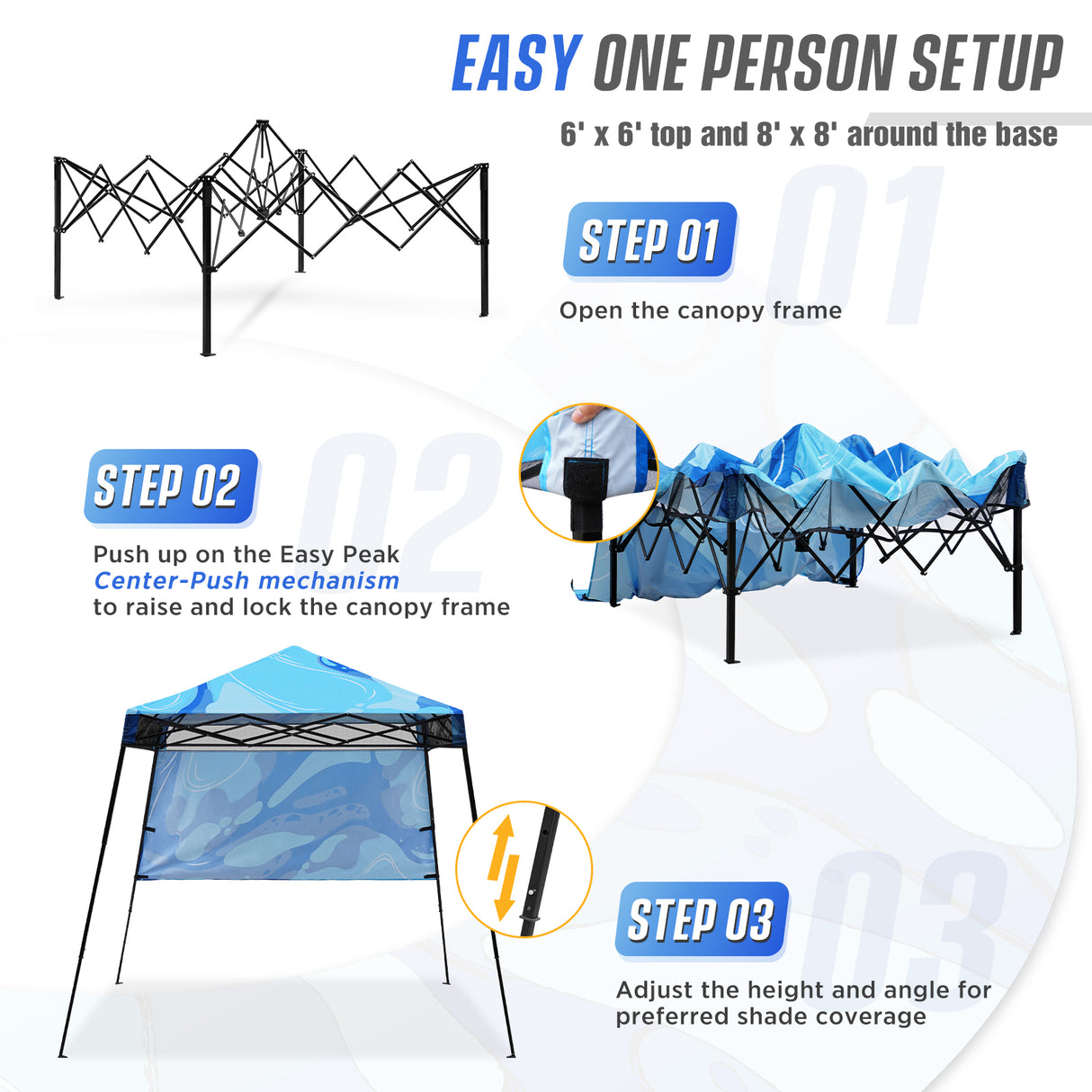 8x8 Backpack Pop Up Canopy Tent w/ Sidewall 8x8 Base 6x6 Top, Unique Printing Fabric