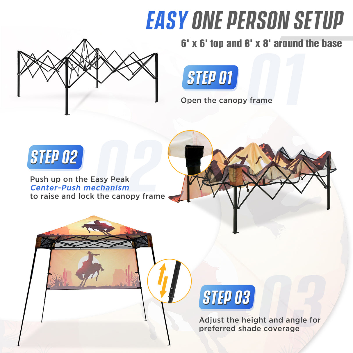 8x8 Backpack Pop Up Canopy Tent w/ Sidewall 8x8 Base 6x6 Top, Unique Printing Fabric