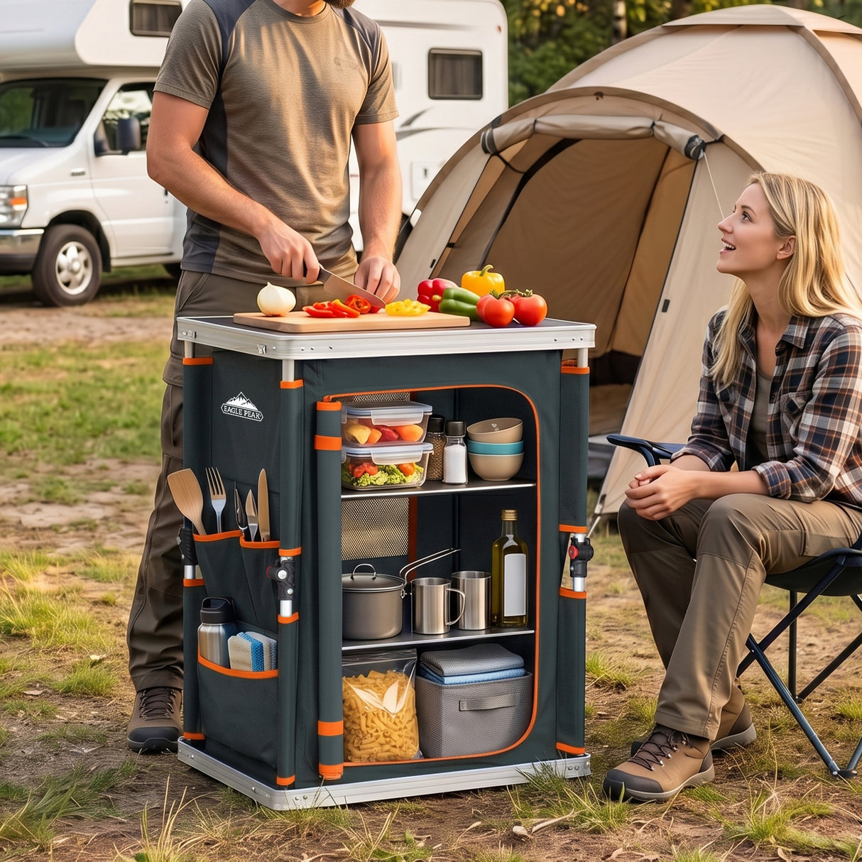 Outdoor Camping Pop Up Folding Table with Large 3-Tier Storage Organizer and Side Pockets