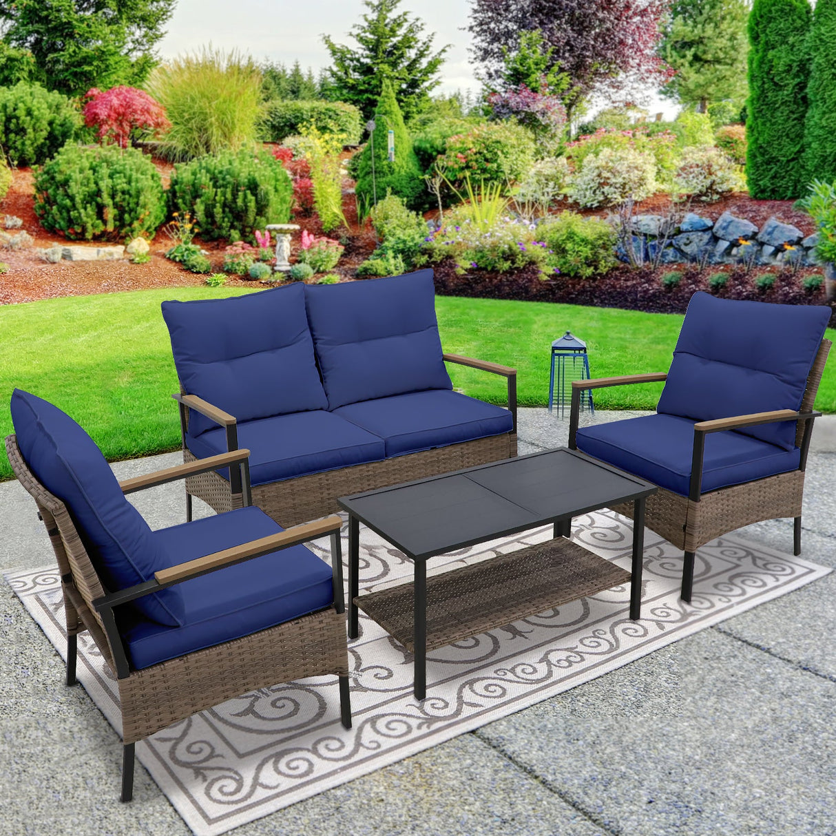 4 PCS Mojave Dusk Patio Wicker Furniture, Loveseat, 2 Patio Chairs and Coffee Table, Brown/Beige - Eagle Peak Custom Canopy Tent