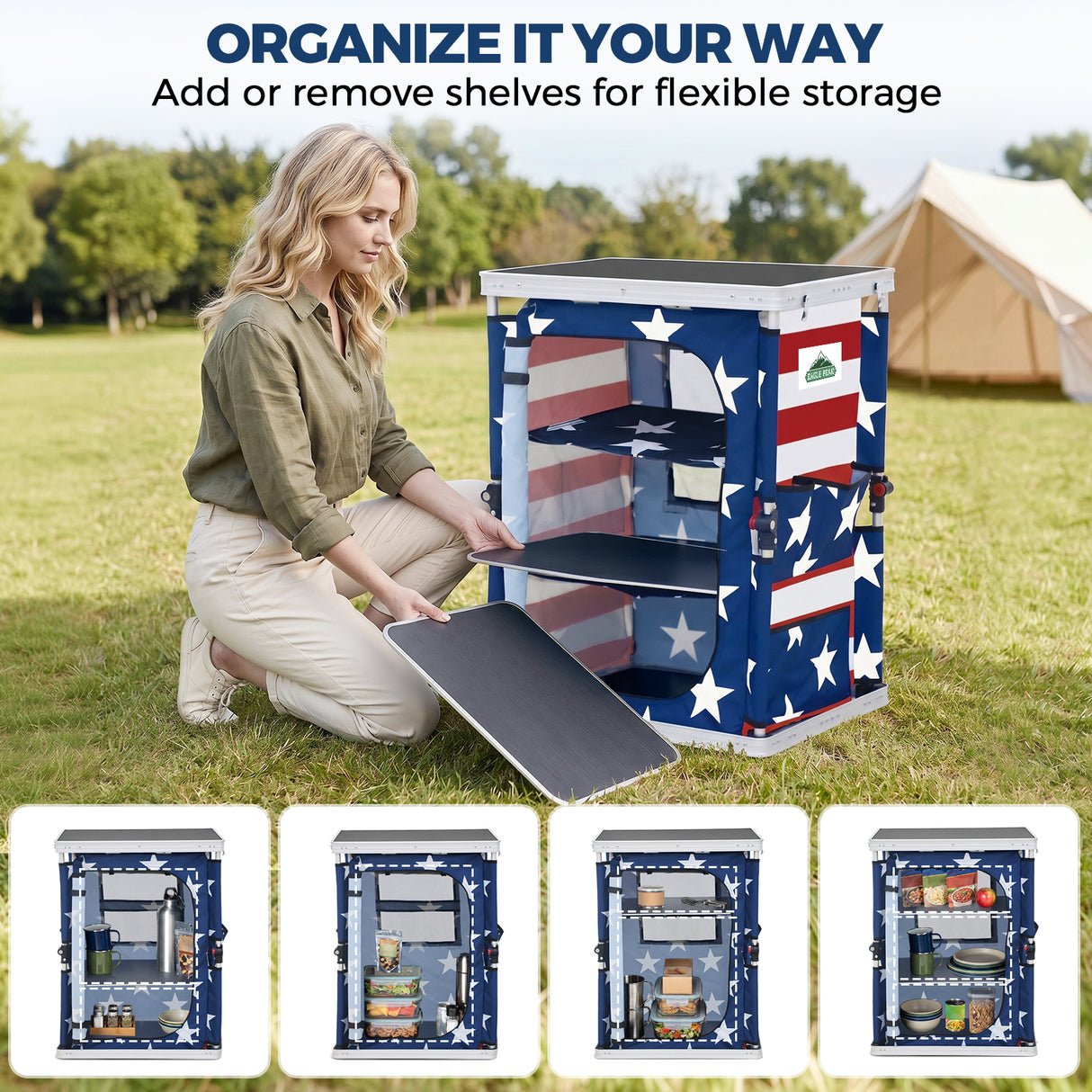 Outdoor Camping Pop Up Folding Table with Large 3-Tier Storage Organizer and Side Pockets