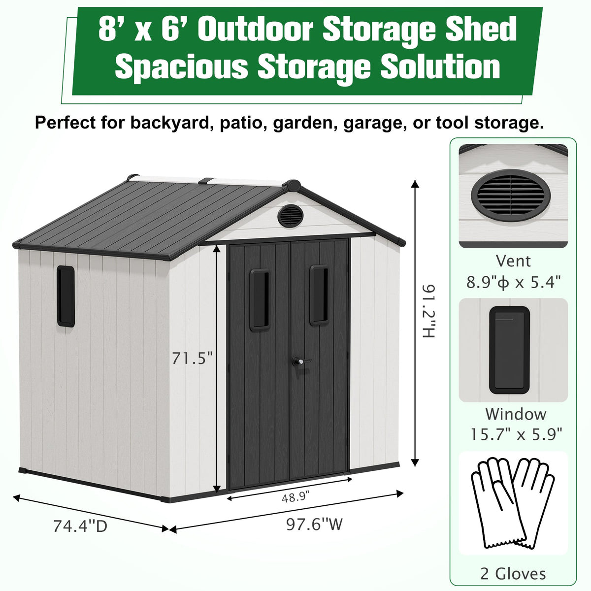 5x3/6x4/8x6/8x8 Resin Outdoor Storage Shed,Weatherproof Garden Shed - Eagle Peak®
