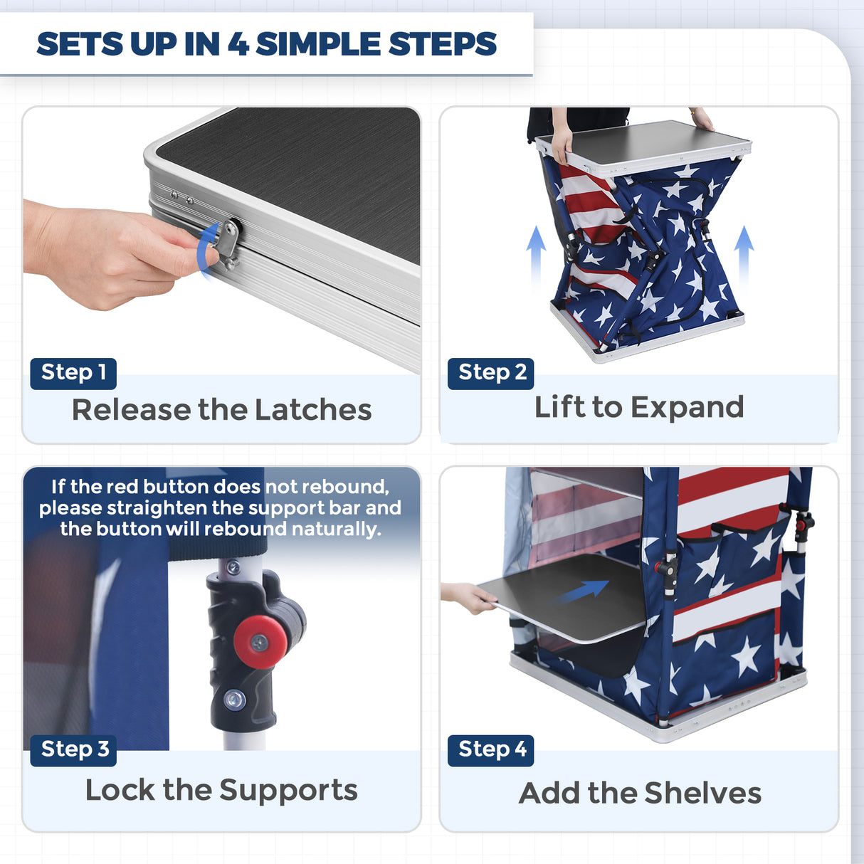 Outdoor Camping Pop Up Folding Table with Large 3-Tier Storage Organizer and Side Pockets