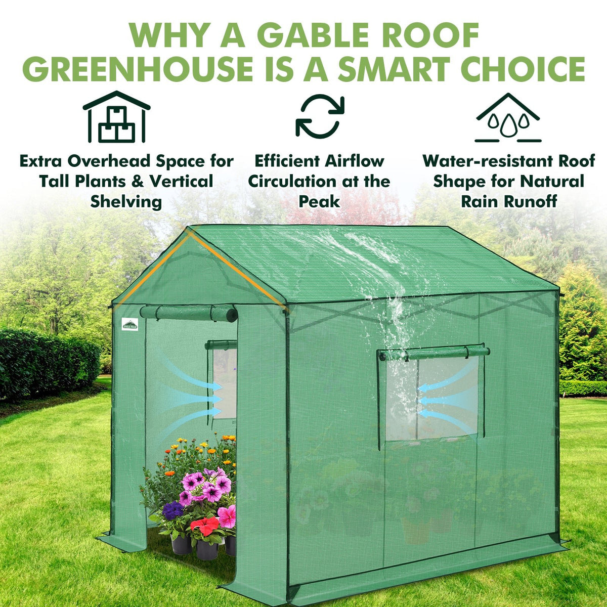 6x6/ 8x8/ 10x10 Portable Pop Up Greenhouse, Patented Center Lock with Gable Roof - Eagle Peak®
