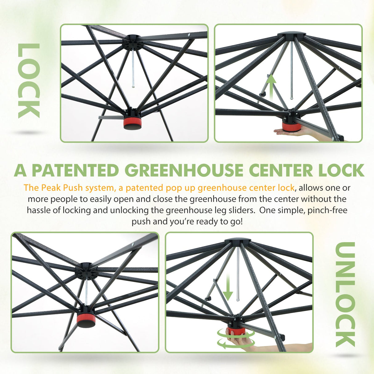 6x6/ 8x8/ 10x10 Portable Pop Up Greenhouse, Patented Center Lock with Gable Roof - Eagle Peak