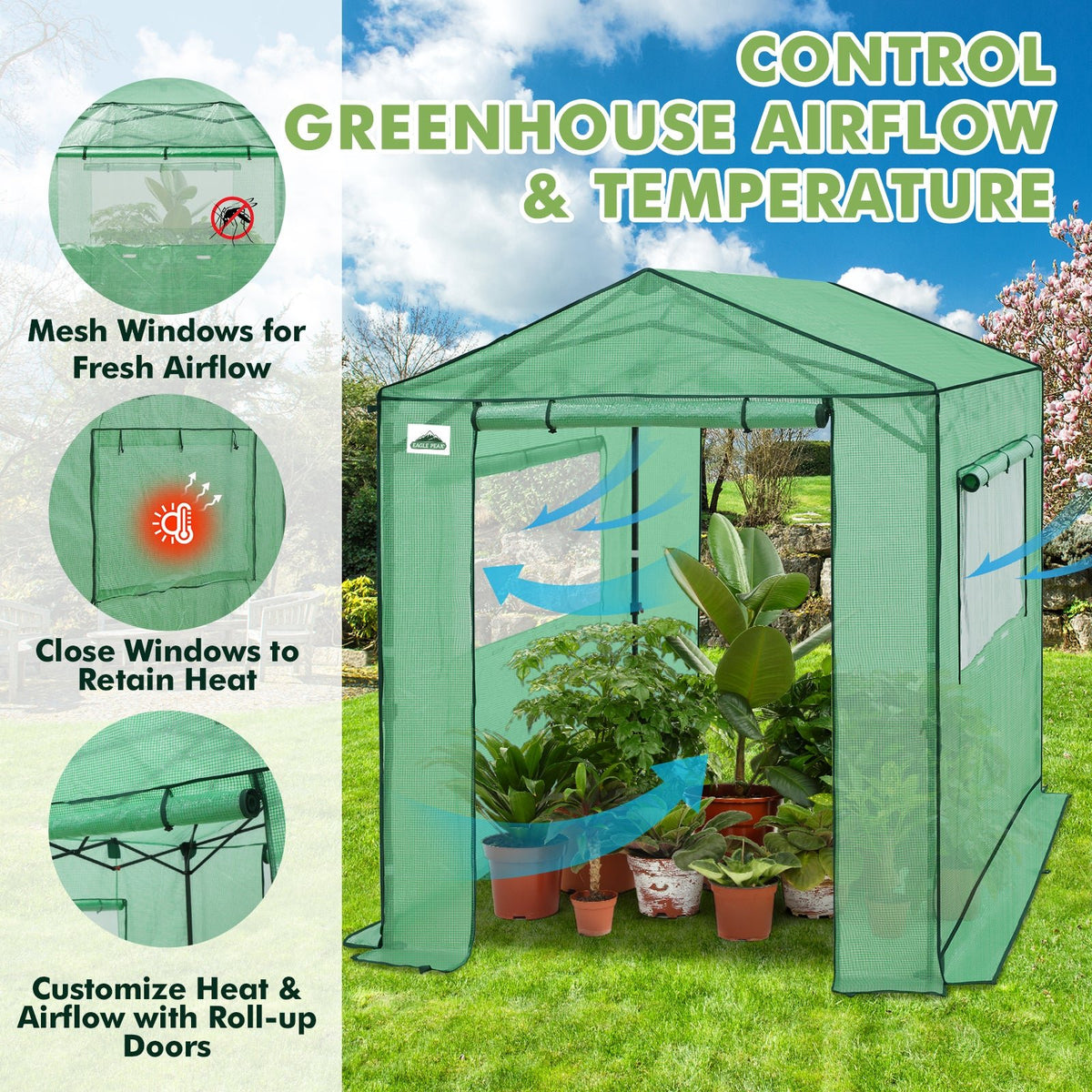 6x6/ 8x8/ 10x10 Portable Pop Up Greenhouse, Patented Center Lock with Gable Roof - Eagle Peak®