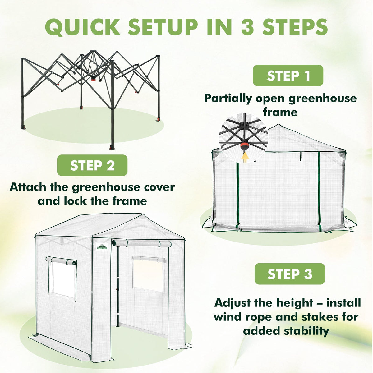 6x6/ 8x8/ 10x10 Portable Pop Up Greenhouse, Patented Center Lock with Gable Roof - Eagle Peak®