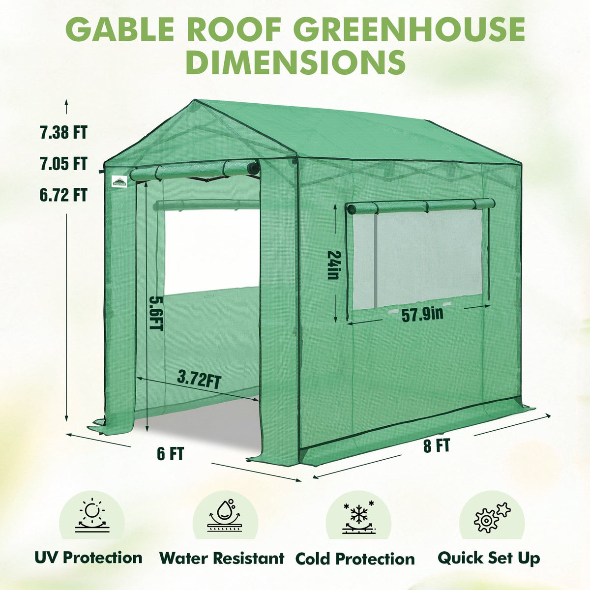 6x6/ 8x8/ 10x10 Portable Pop Up Greenhouse, Patented Center Lock with Gable Roof - Eagle Peak®