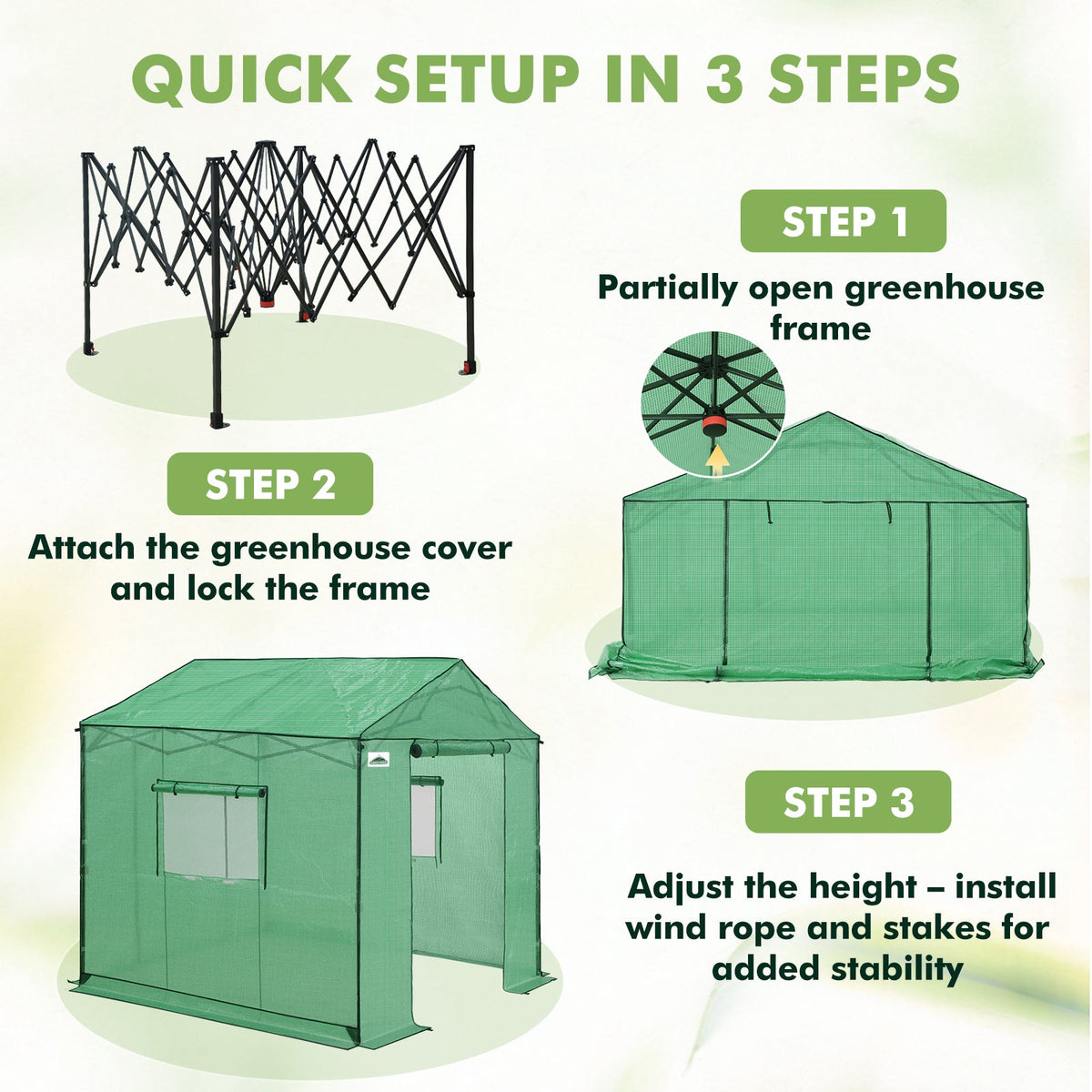 6x6/ 8x8/ 10x10 Portable Pop Up Greenhouse, Patented Center Lock with Gable Roof - Eagle Peak®