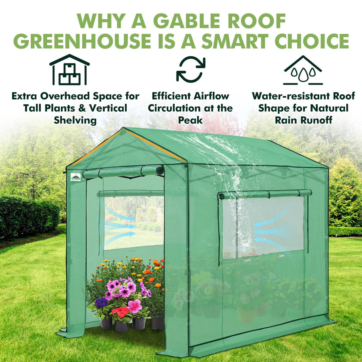 6x6/ 8x8/ 10x10 Portable Pop Up Greenhouse, Patented Center Lock with Gable Roof - Eagle Peak®