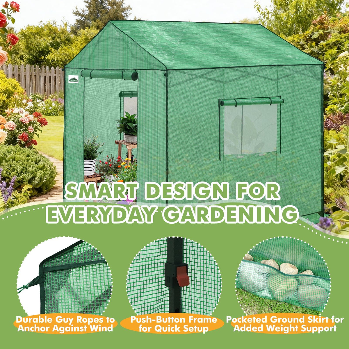 6x6/ 8x8/ 10x10 Portable Pop Up Greenhouse, Patented Center Lock with Gable Roof - Eagle Peak®