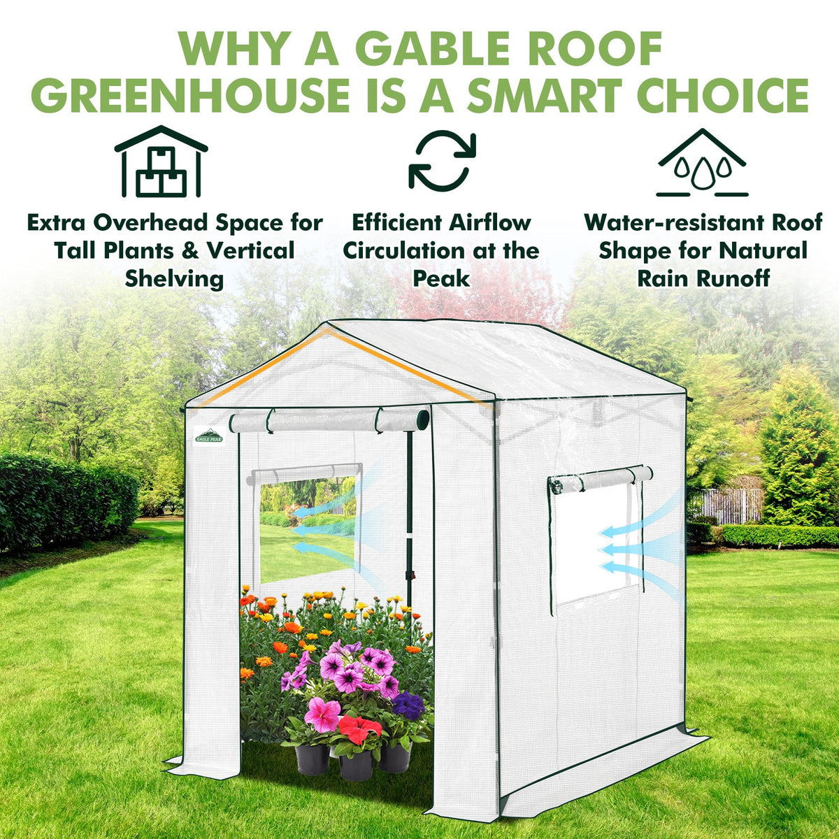 6x6/ 8x8/ 10x10 Portable Pop Up Greenhouse, Patented Center Lock with Gable Roof - Eagle Peak®