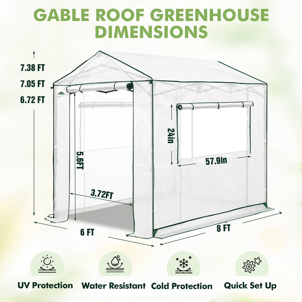 6x6/ 8x8/ 10x10 Portable Pop Up Greenhouse, Patented Center Lock with Gable Roof - Eagle Peak®