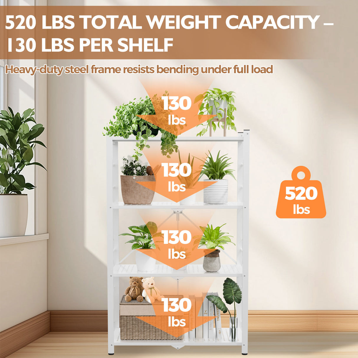 4-Tier Foldable Greenhouse Shelf, 28”x14.6”x44.7”, 520 lbs, 1/2 Pack, Black