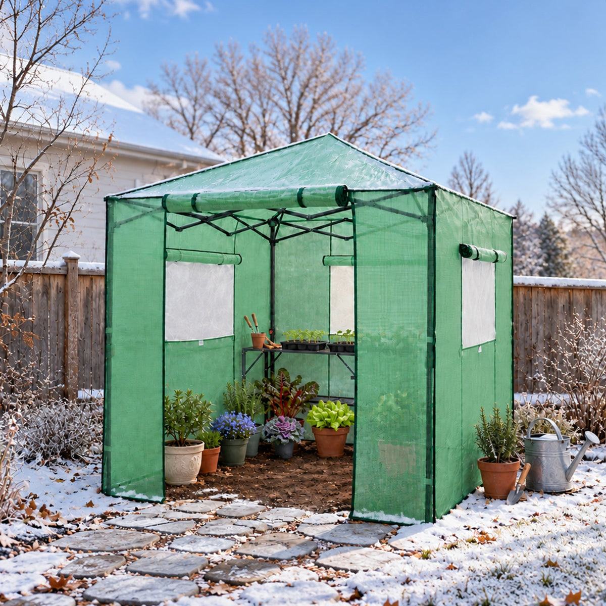 7x7 Easy Setup Pop Up Greenhouse, 2 Folding Shelves - Eagle Peak®
