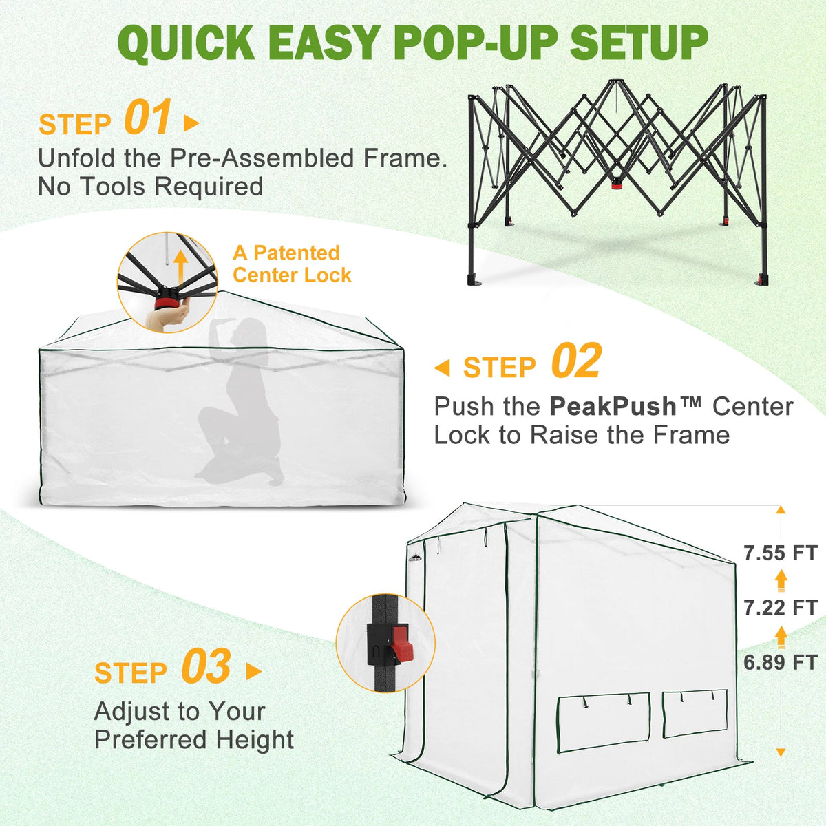 8x6/12x8 Easy Setup Pop Up Greenhouse, Support Pole - Eagle Peak®