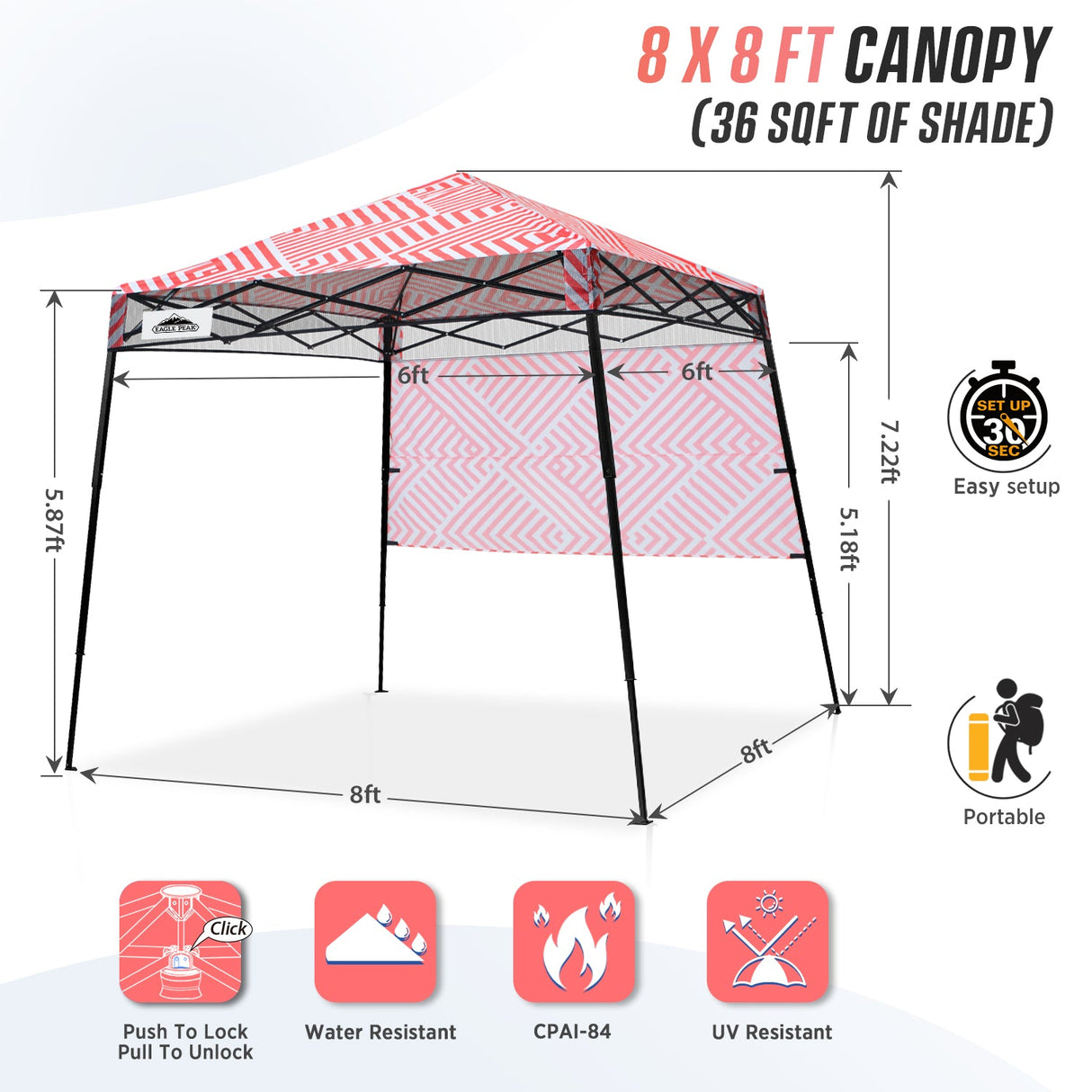 8x8 Pop Up Canopy Tent with Sidewall,8x8 Base 6x6 Top - Eagle Peak Custom Canopy Tent