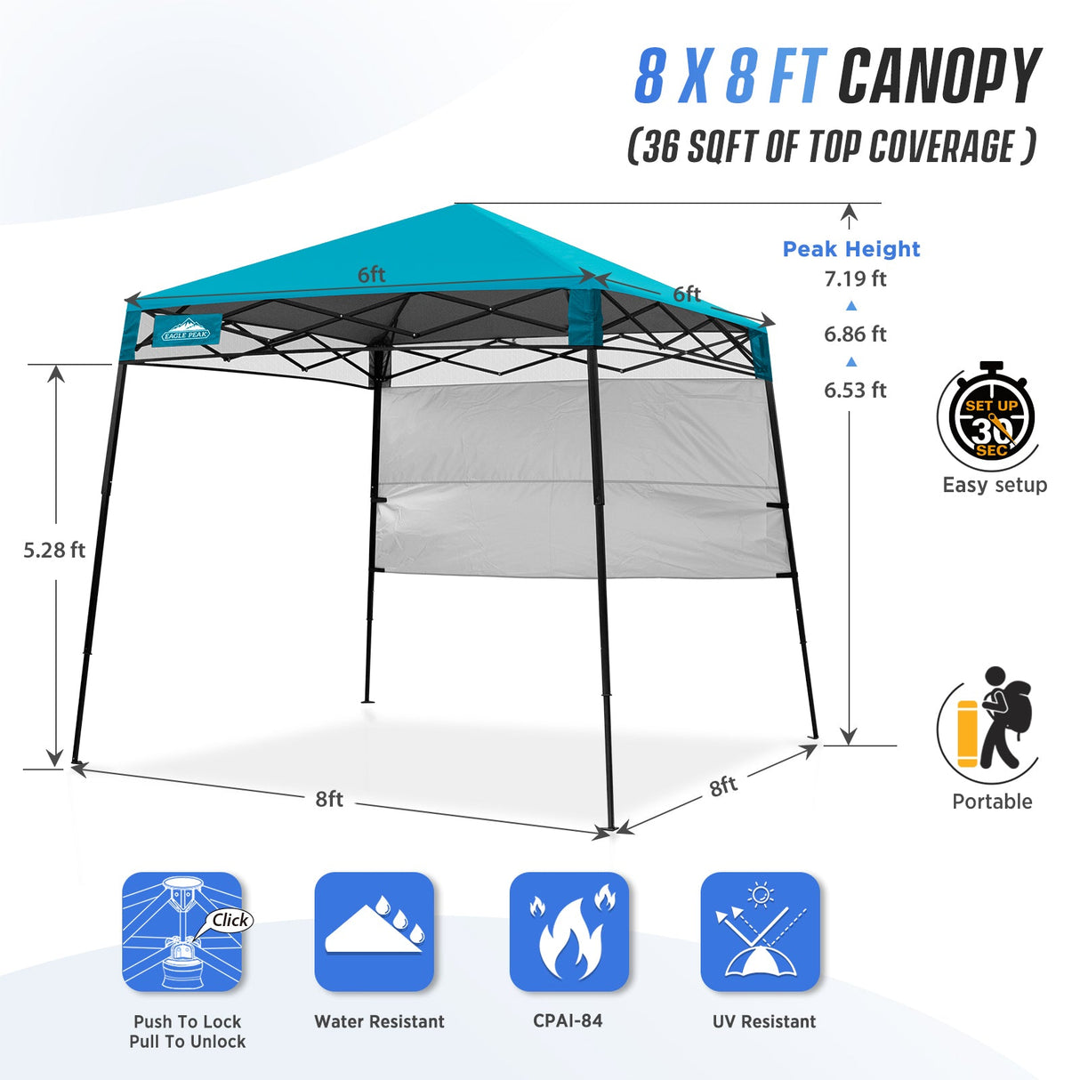 8x8 Pop Up Canopy Tent with Sidewall,8x8 Base 6x6 Top - Eagle Peak Custom Canopy Tent