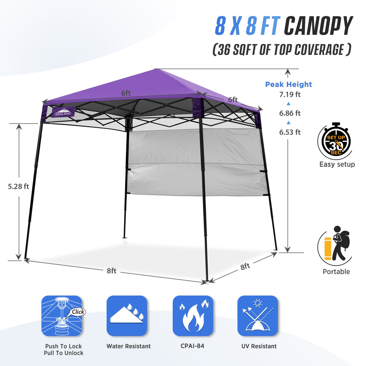 8x8 Pop Up Canopy Tent with Sidewall,8x8 Base 6x6 Top - Eagle Peak Custom Canopy Tent