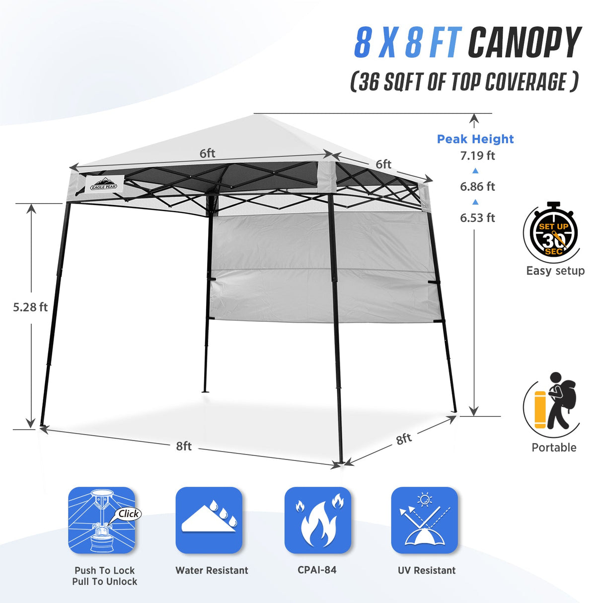 8x8 Pop Up Canopy Tent with Sidewall,8x8 Base 6x6 Top - Eagle Peak Custom Canopy Tent