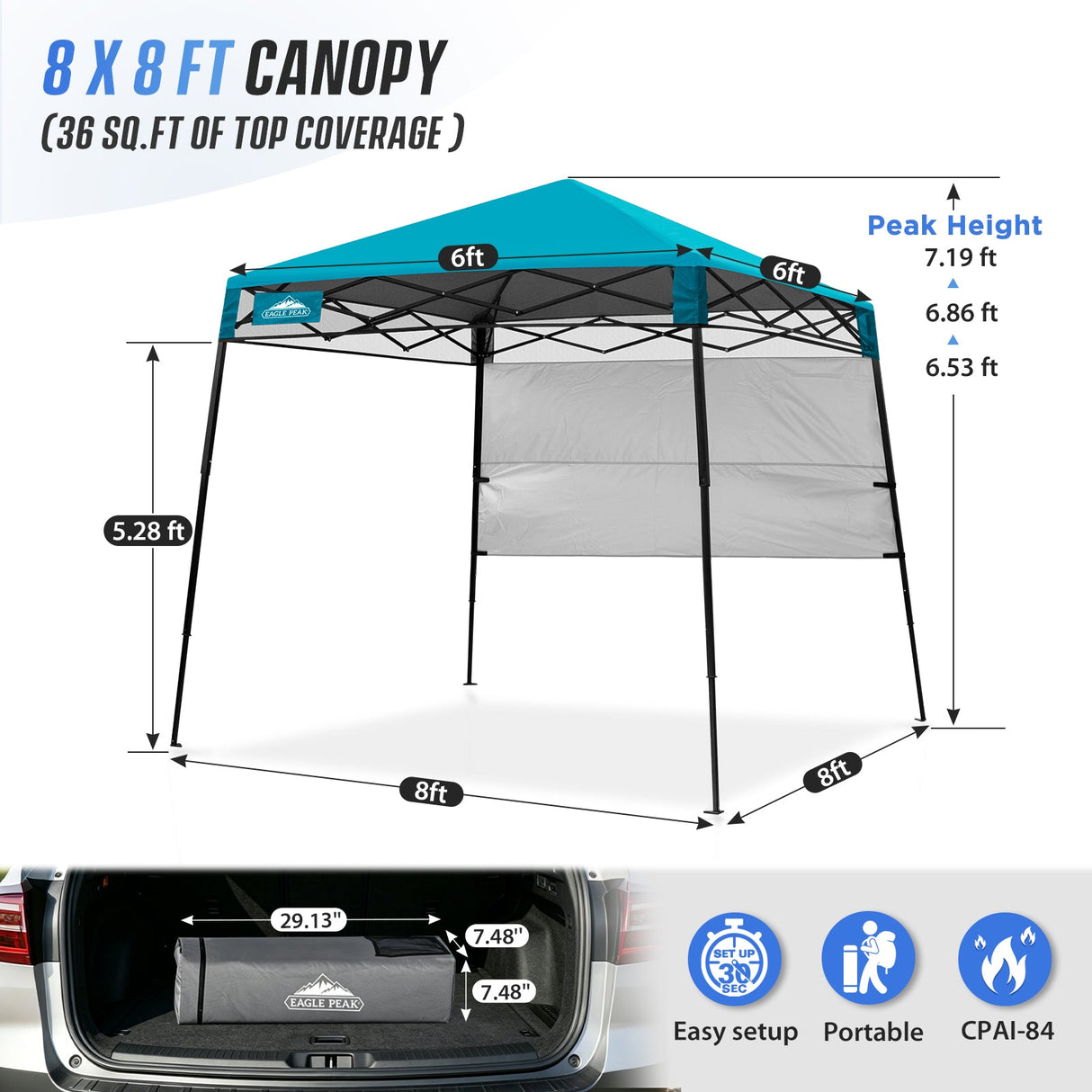 8x8 Pop Up Canopy Tent with Sidewall,8x8 Base 6x6 Top - Eagle Peak®
