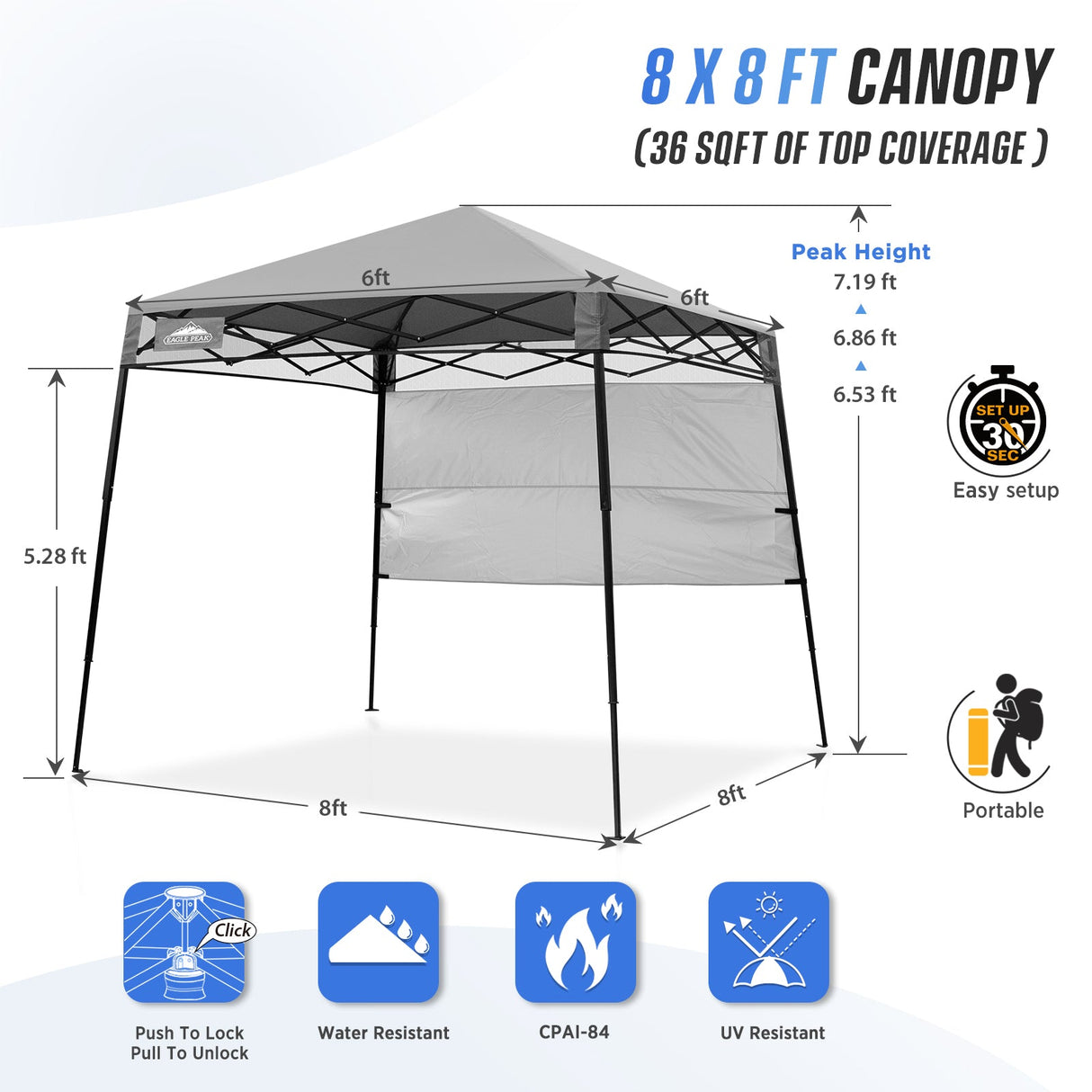 8x8 Pop Up Canopy Tent with Sidewall,8x8 Base 6x6 Top - Eagle Peak Custom Canopy Tent