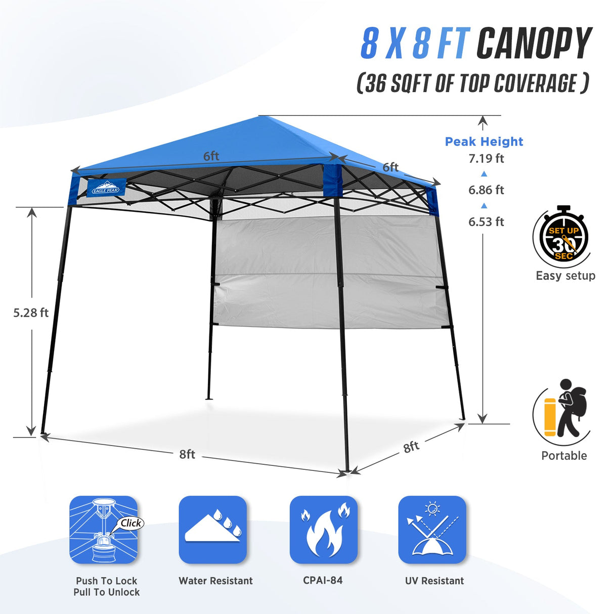 8x8 Pop Up Canopy Tent with Sidewall,8x8 Base 6x6 Top - Eagle Peak Custom Canopy Tent