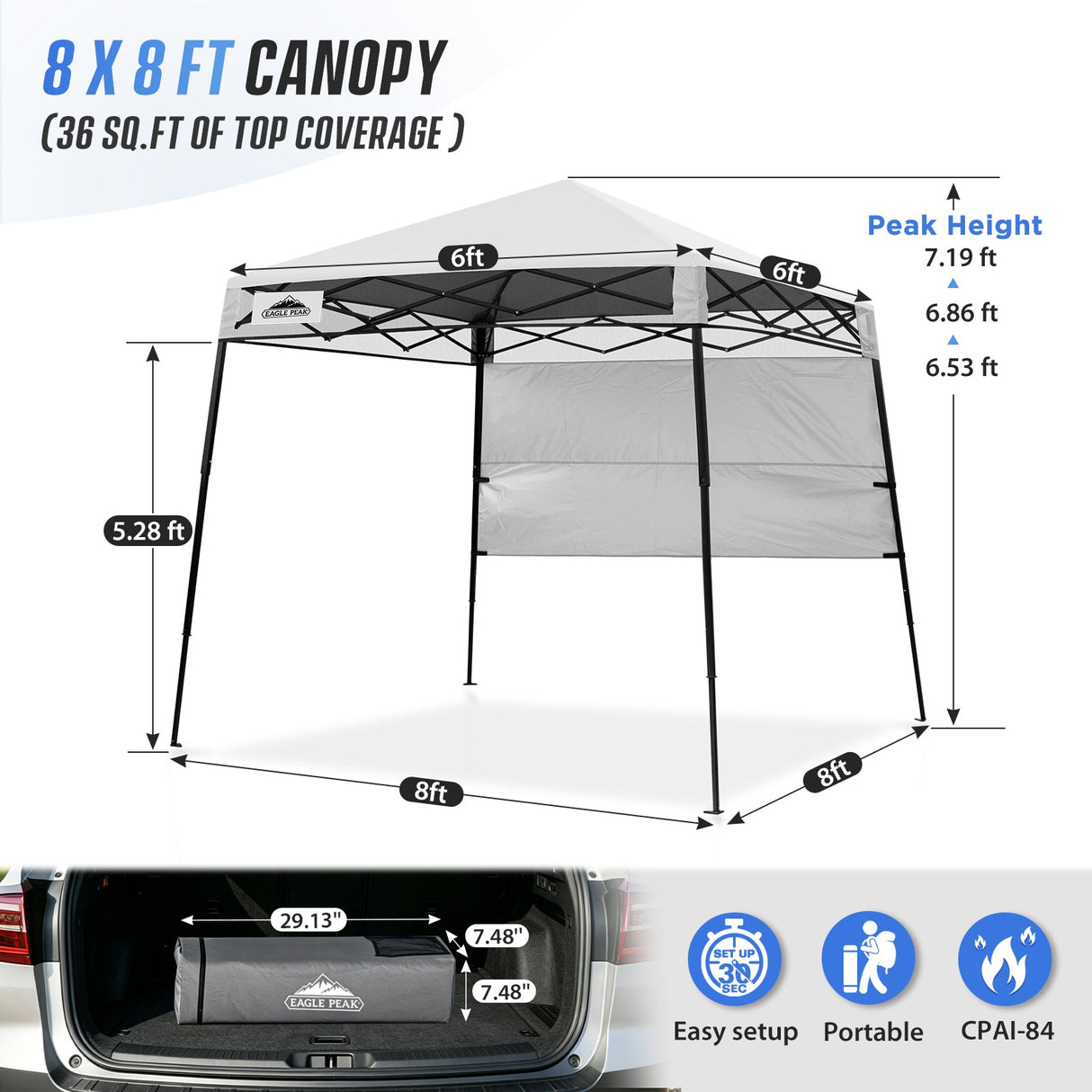 8x8 Pop Up Canopy Tent with Sidewall,8x8 Base 6x6 Top - Eagle Peak®