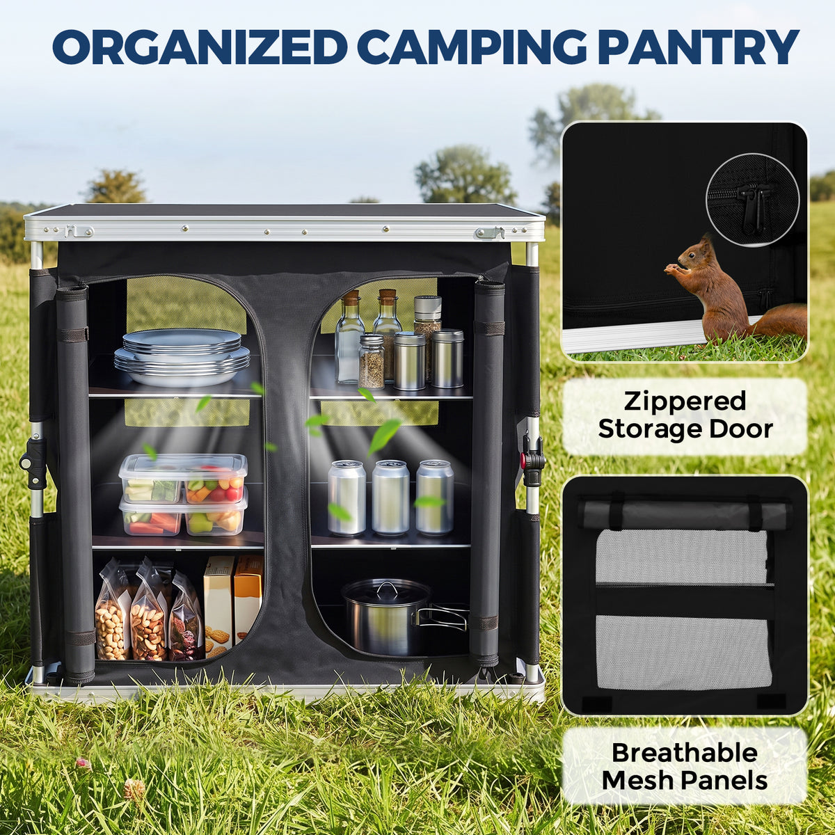 Double Camping Folding Table with Storage Organizer and Side Pockets