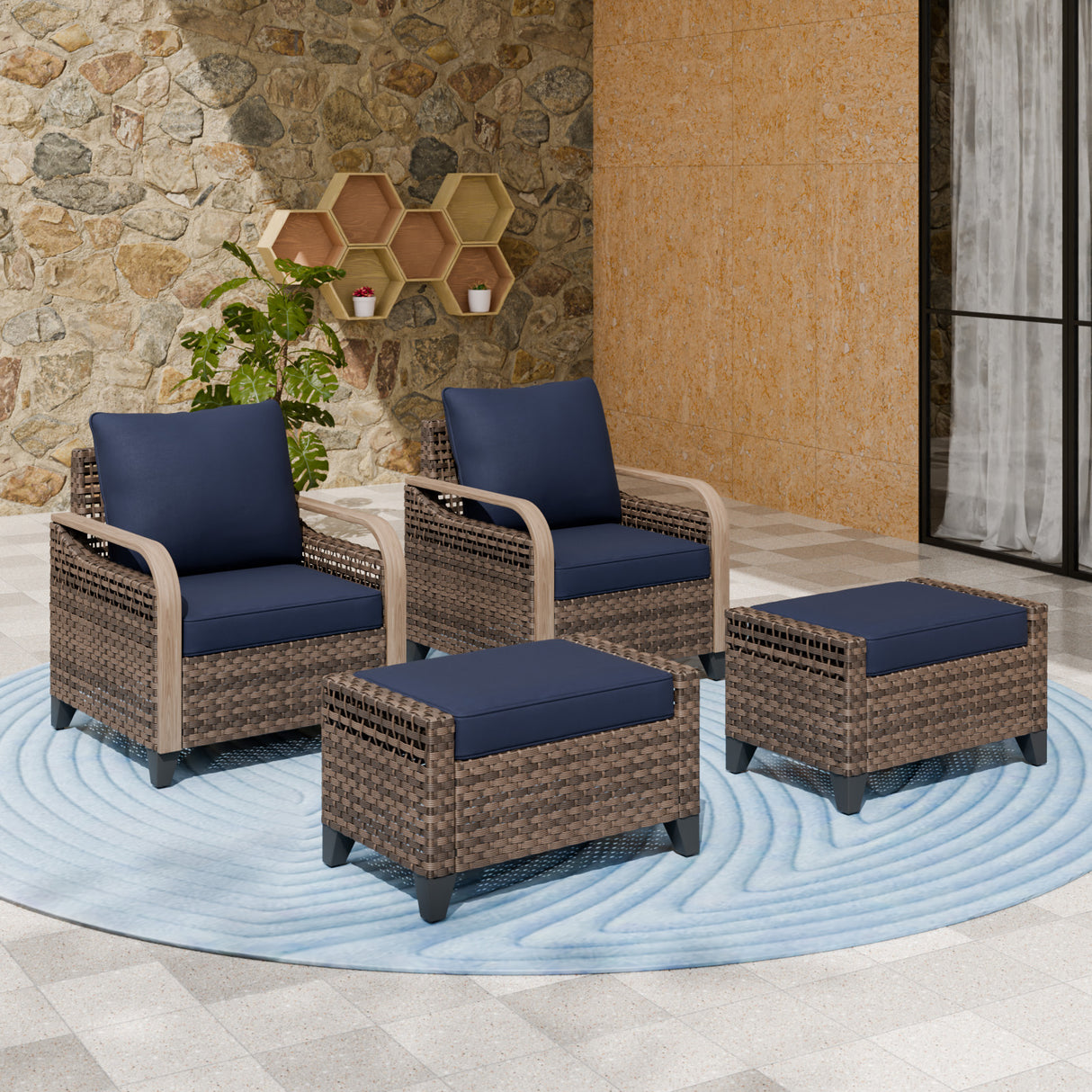 Modern Wicker Outdoor Chair,2 Chairs 2 Ottomans, 4 Pieces, Brown/Gray
