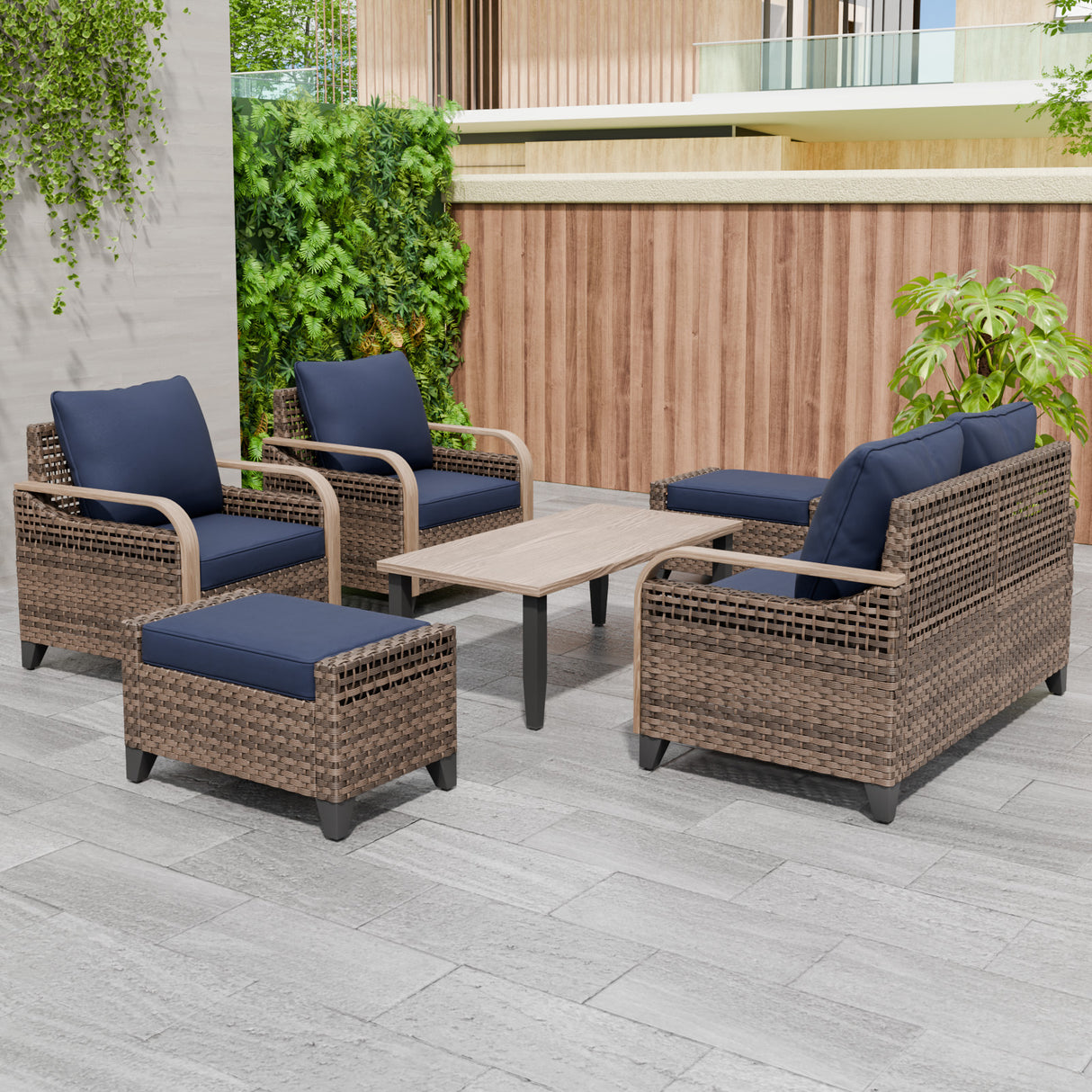 Modern Wicker Outdoor Furniture Set, 2 Patio Chairs, 2-Seat Loveseat, 2 Ottomans and Coffee Table, 6 Pieces, Brown/Gray