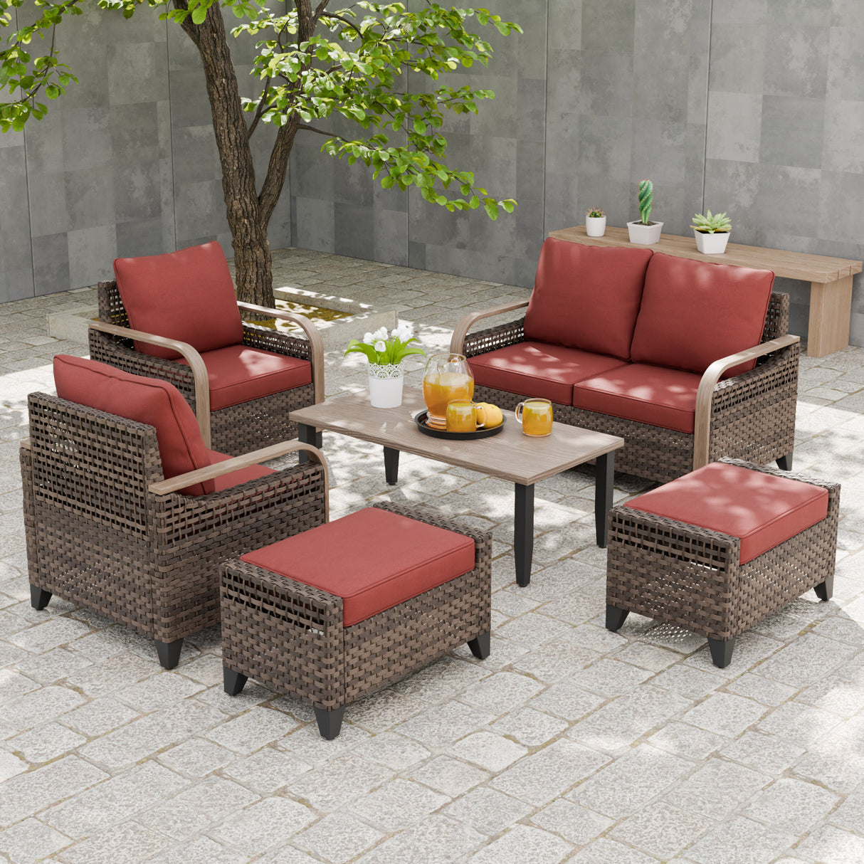 Modern Wicker Outdoor Furniture Set, 2 Patio Chairs, 2-Seat Loveseat, 2 Ottomans and Coffee Table, 6 Pieces, Brown/Gray
