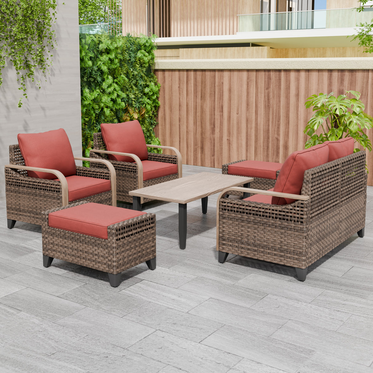 Modern Wicker Outdoor Furniture Set, 2 Patio Chairs, 2-Seat Loveseat, 2 Ottomans and Coffee Table, 6 Pieces, Brown/Gray