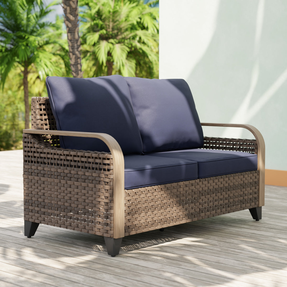 Modern Wicker Outdoor Furniture 2 Seat Loveseat Sofa , Brown/Gray
