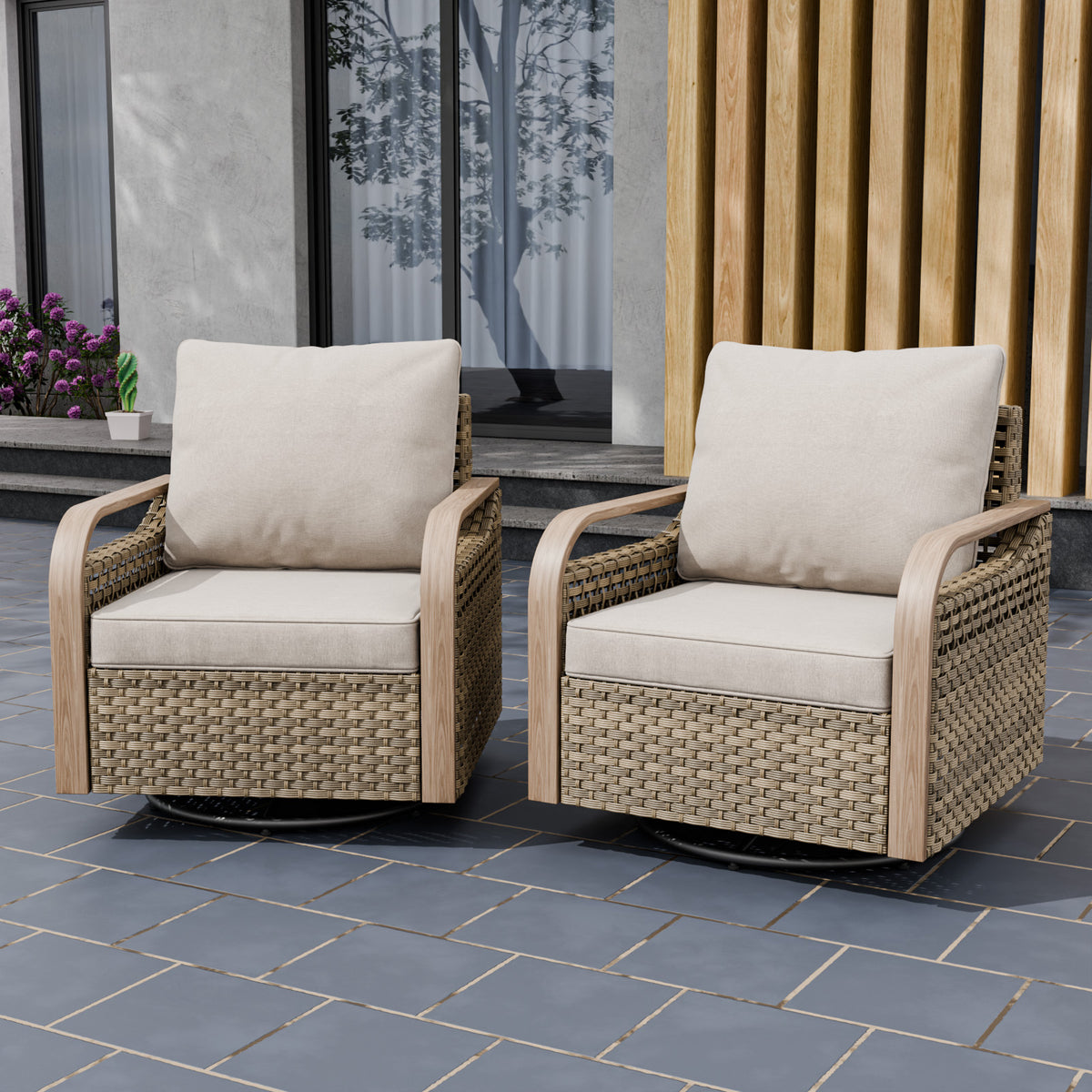 Modern Wicker Outdoor Glider Rocking Chair,2 Chairs, Brown/Gray