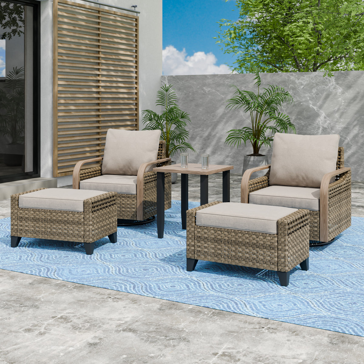 Modern Wicker 5 Piece Furniture Set w/ Swivel Rocking Chairs, Brown/Gray
