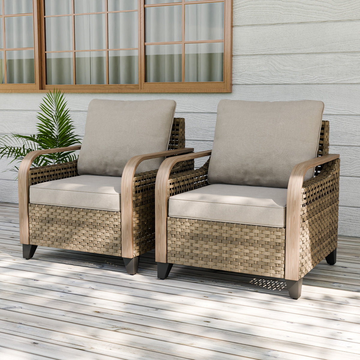 Modern Wicker Outdoor Chair, Patio Chair Curved Armrest, 2 Chairs, Brown/Gray