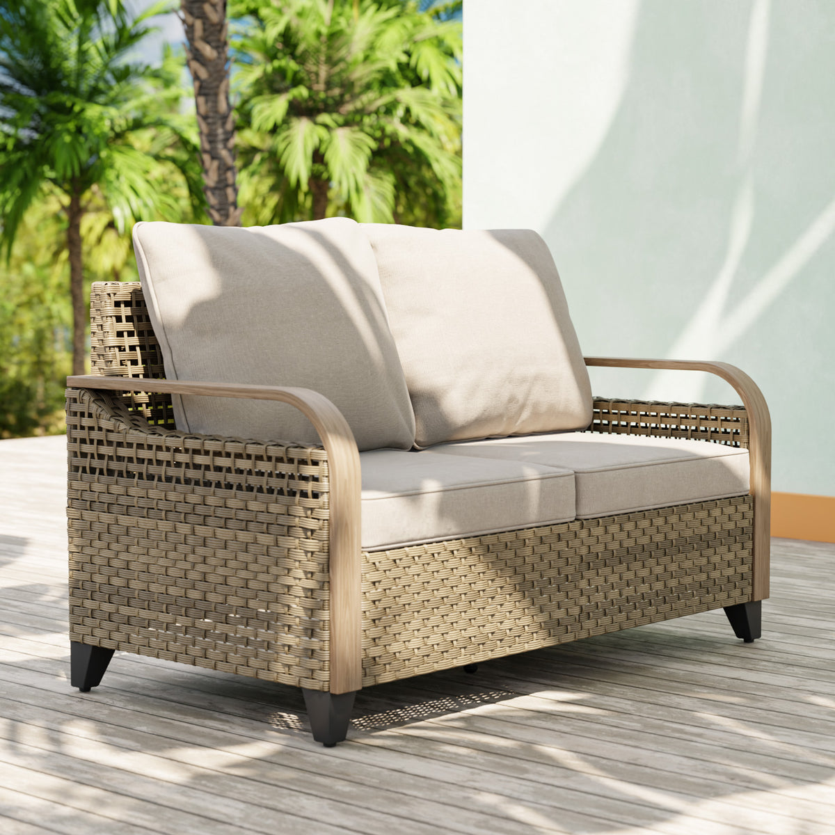 Modern Wicker Outdoor Furniture 2 Seat Loveseat Sofa , Brown/Gray