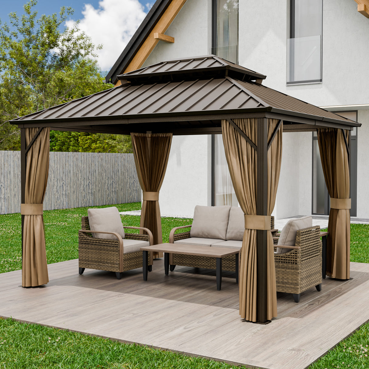 12x10/12x12/12x14/12x16/12x18/12x20 Hardtop Gazebo, Galvanized Steel Double Roof with Aluminum Frame
