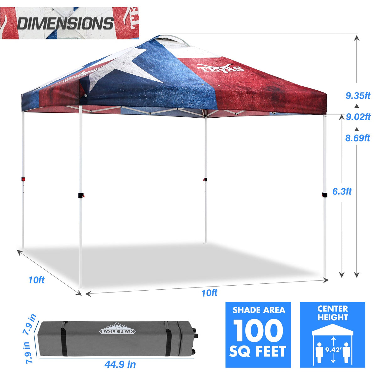 Easy Setup Straight Leg 10x10 Pop Up Canopy Tent Graphix Top w/ 100 sqft of Shade - Eagle Peak Custom Canopy Tent